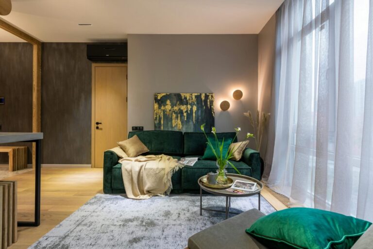 Stylishly designed living room with luxurious elements and modern decor.